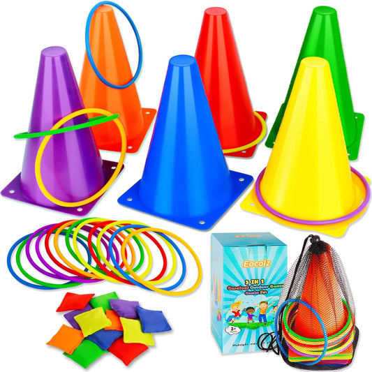 Juego 3 en 1: Conos, aros y bolsas
