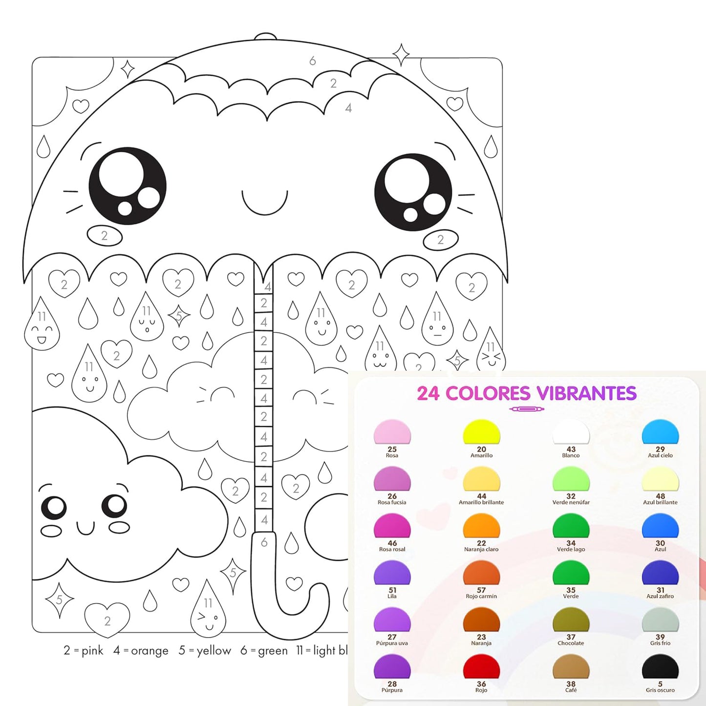 Libro de colorear Kawaii y 24 marcadores