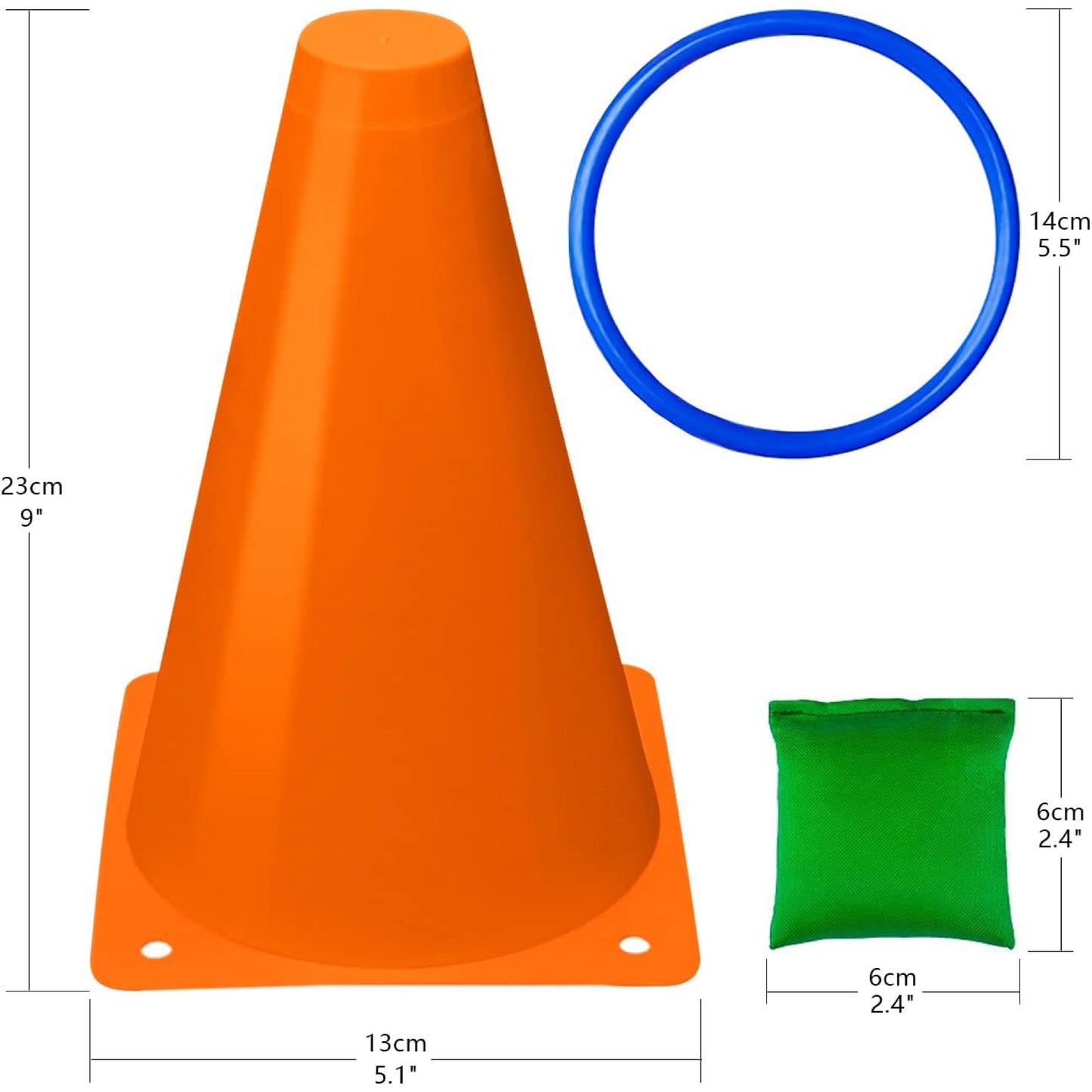 Juego 3 en 1: Conos, aros y bolsas
